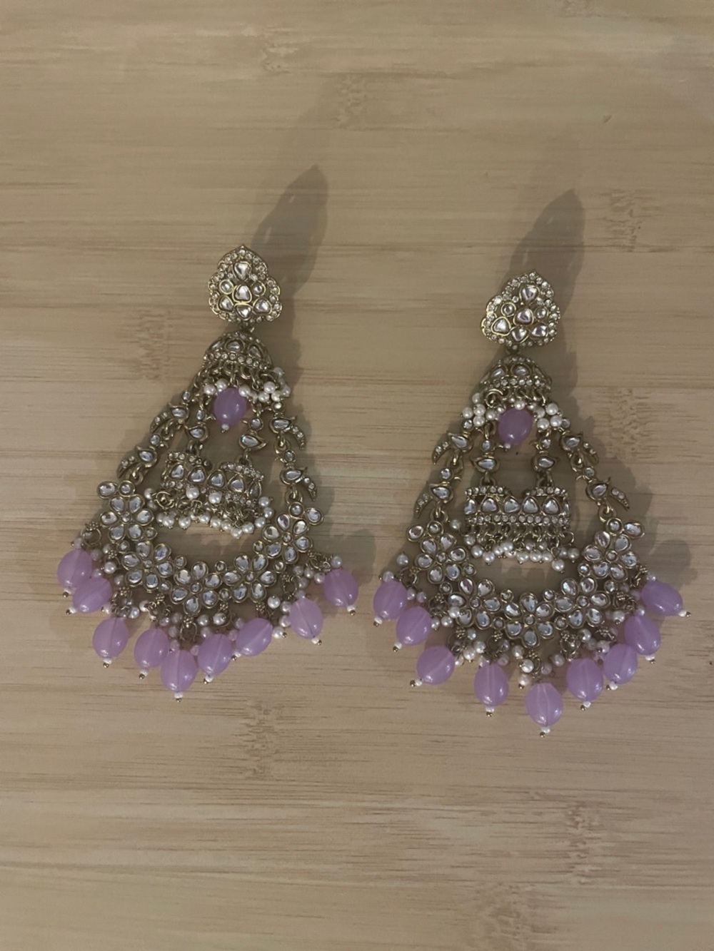 Golden Floral purple & pearl Chandbali Earrings - Picture 1 of 4